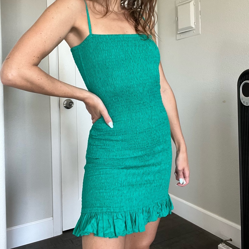 Billabong Teal Spaghetti Strap Dress with Rushed Material & Ruffle
